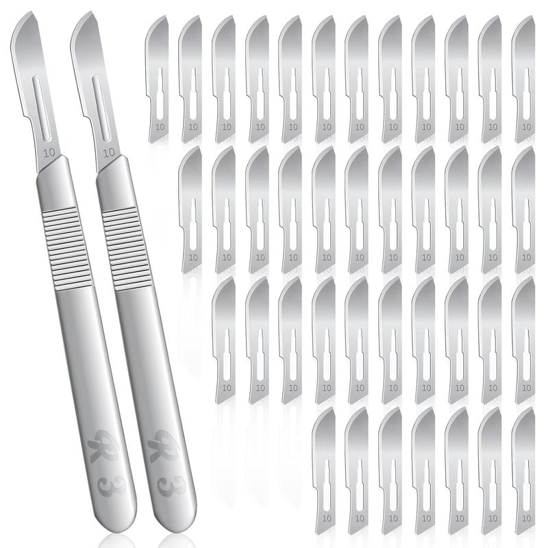 ZKKZOMA 40 Pieces Scalpel Blades #10 Scalpels Surgical Sterile with 2PCS #3 Handles & Storage Box,Individually Wrapped High Carbon Steel for Callus Removal,Sculpting, Cutting,Crafts More, silvery - Image 1